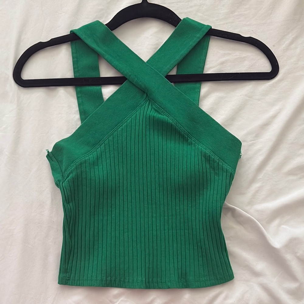 Zara Green Cross-Back Ribbed Tank Top
